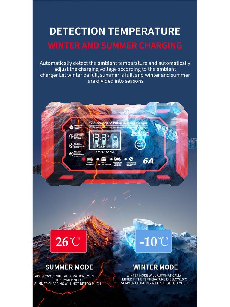 12V 6A Smart Pulse Repair Charger for Car & Motorcycle Lead-Acid Batteries