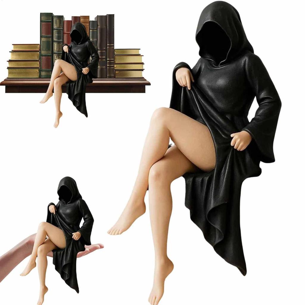 3D Handmade Resin Death Black Robe Bookshelf Figure Sitting Mysterious Statue Gothic Spooky Display Sculpture Desktop Home Decor
