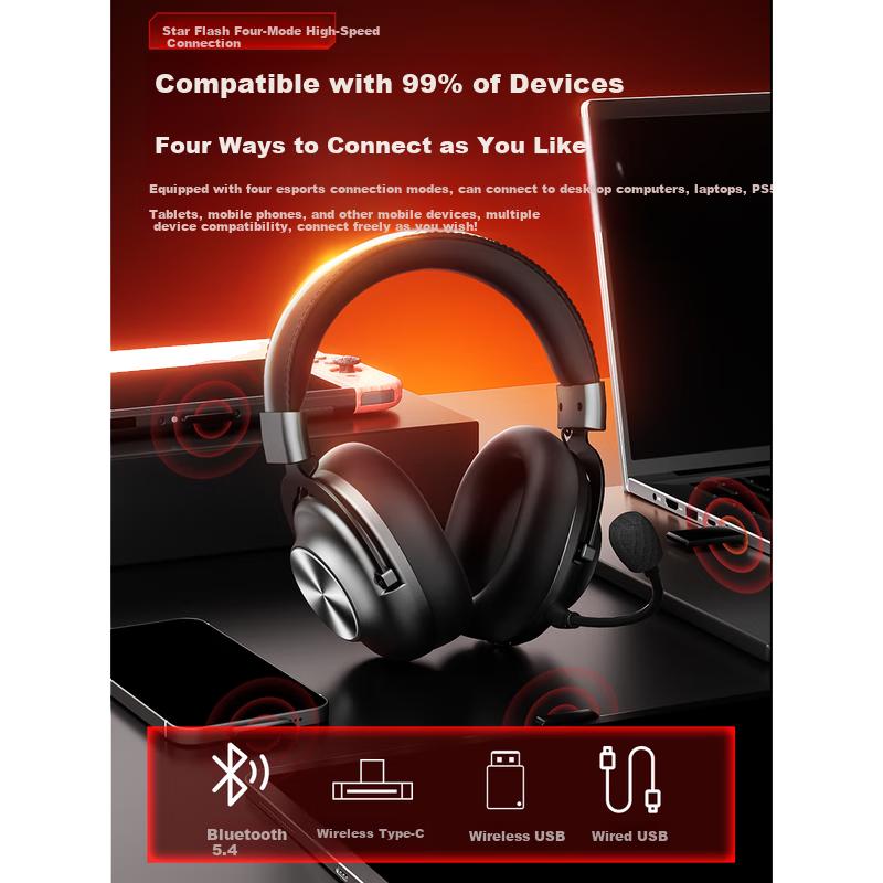 KINYO Gaming Headset, Wireless Bluetooth E-Sports Headphones, 2.4G Microphone, Black, Type-C Charging