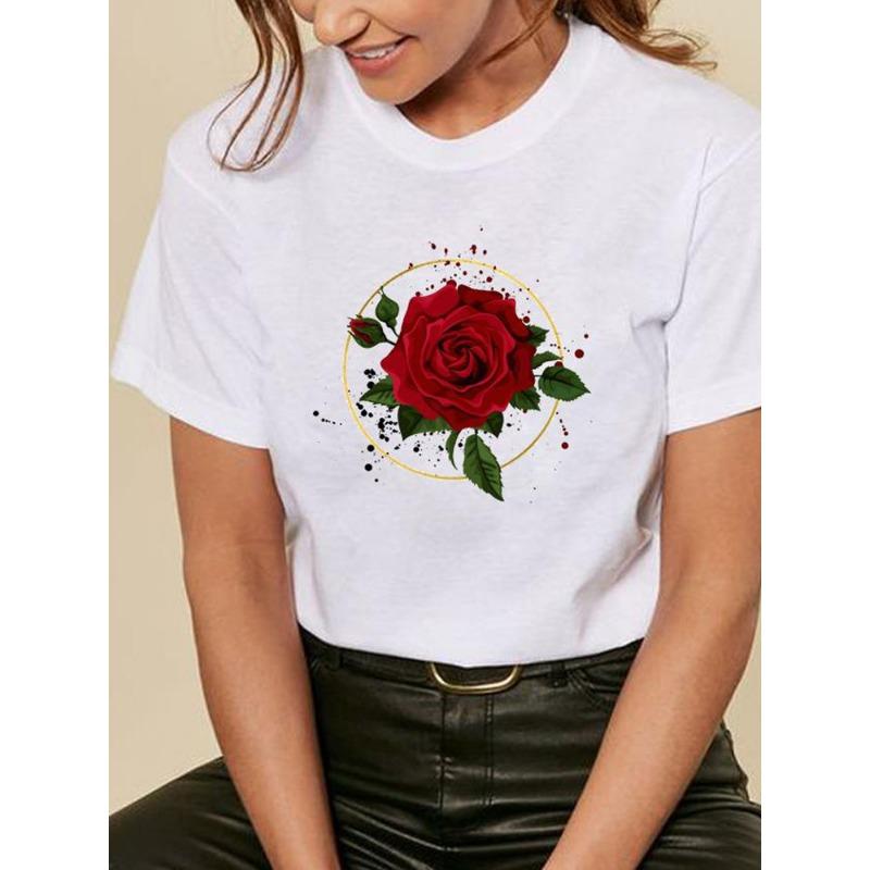 Sommer Rundhals Rose Liebe Festival Bedrucktes Top Modische Lässige Kurzarm Damen Reines Baumwoll T-Shirts