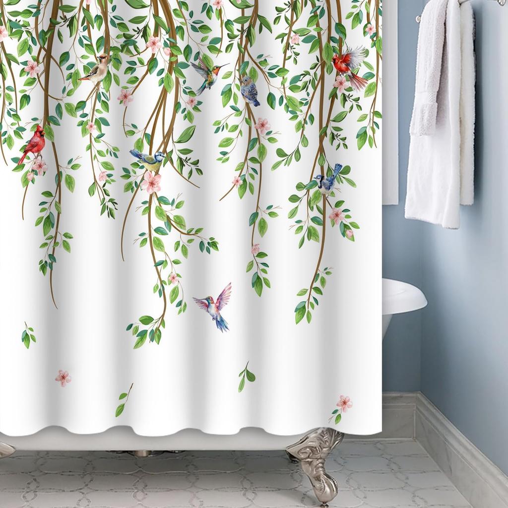Spring Shower Curtain Green Leaves Birds Shower Curtains Vine Branch Hummingbird Cardinal Shower Curtain Sets for Bathroom
