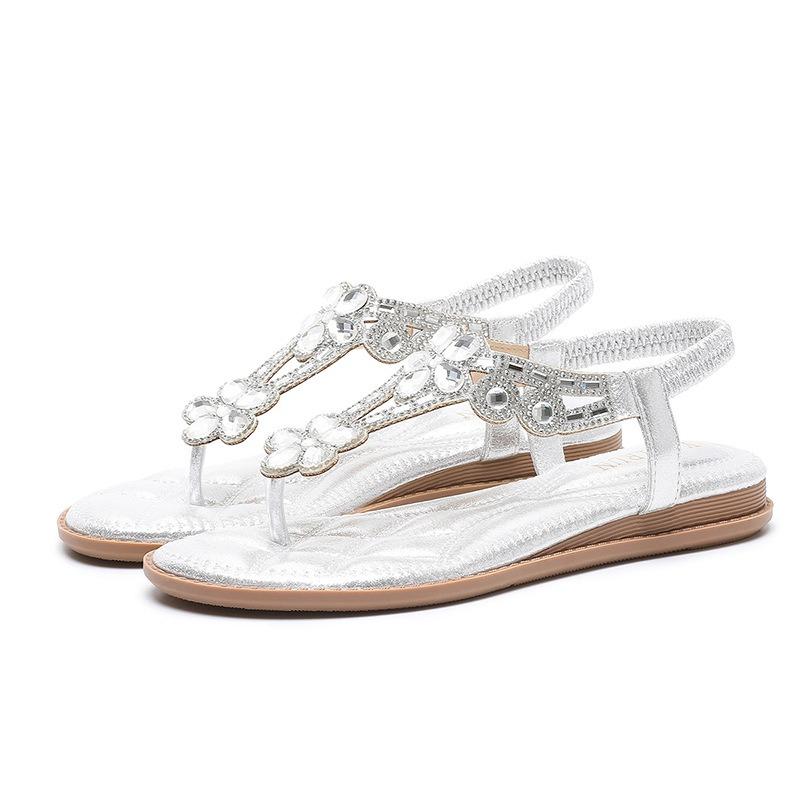 Women's Rhinestone Flower Thong Sandals Elastic Ankle Strap Comfort Flat Sandals