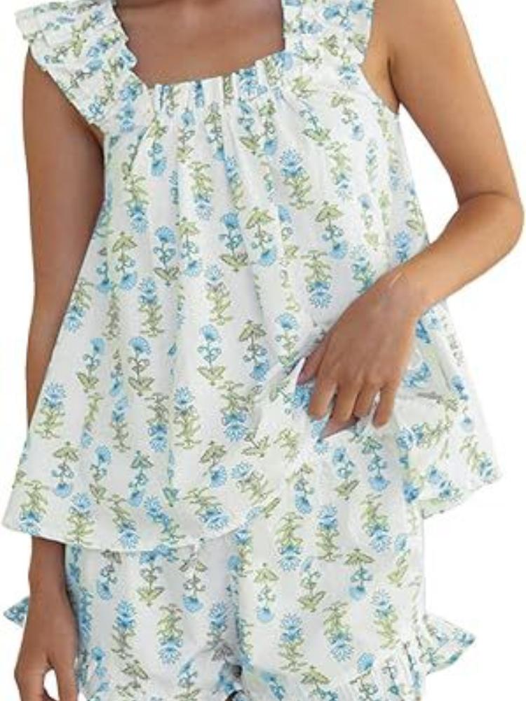 

Женский летний комплект для сна: цветочный топ без рукавов и шорты с оборками S