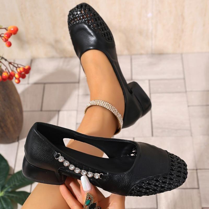 Fashion High-end Summer Breathable Woven Single Shoes Cut-out Shallow Rhinestone Block Heel Women's Shoes