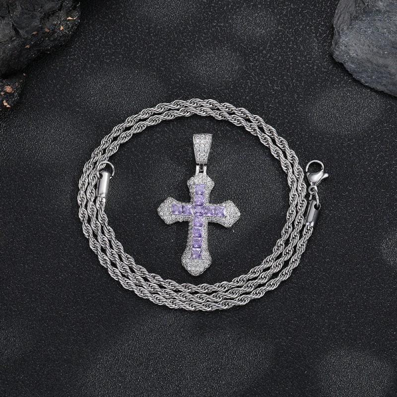 Stainless Steel Cross Pendant Necklace Men Women Hip Hop Style Full Zircon Crystal Chain Jewelry