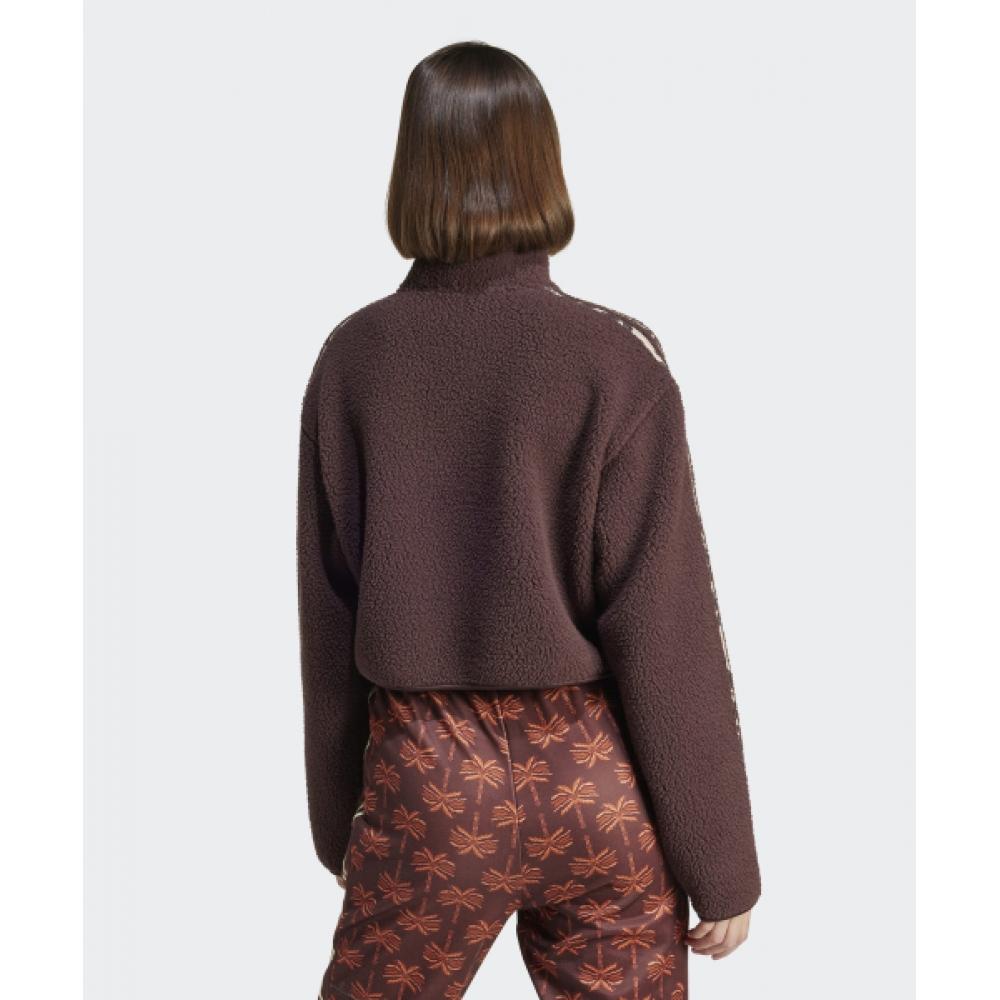 Adidas Animal Print Fleece Cropped Half Zip Top   Brown Iy5010