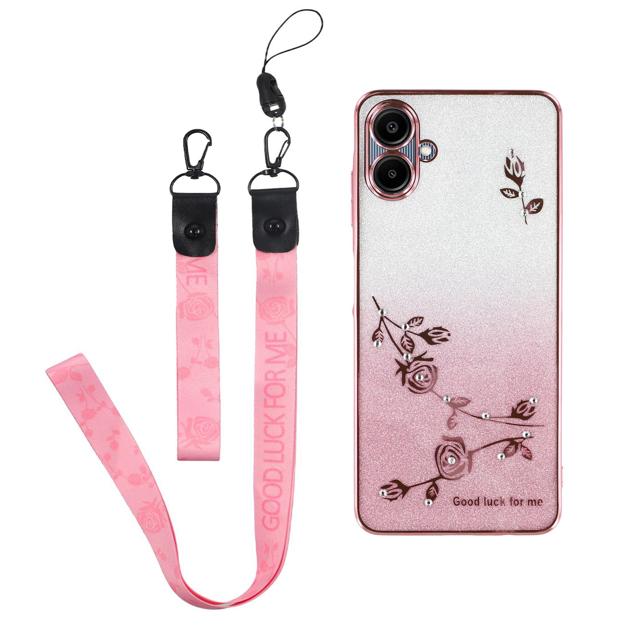 

KADEM For Samsung Galaxy A06 4G Case Flower Pattern TPU Gradient Phone Cover with Lanyards Rose Gold