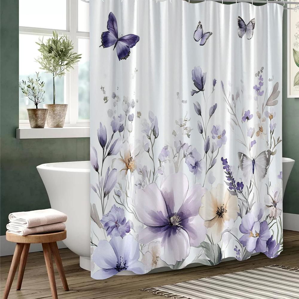 1 pc Colorful Flowers and Butterflies Print Shower Curtains With Hooks Bathroom Curtain Home Decoration Curtain Machine Washable