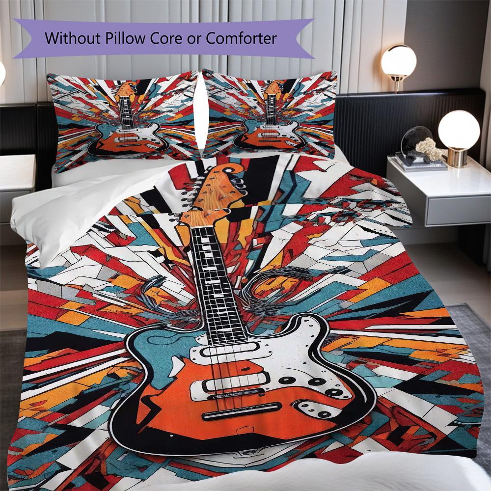 1PC Music, Guitar Theme Bedding Quilt Set Quilt Cover Pillowcase Home Decoration Birthday Gift (1 * Duvet Cover + 2 * Pillowcase, Without Core)
