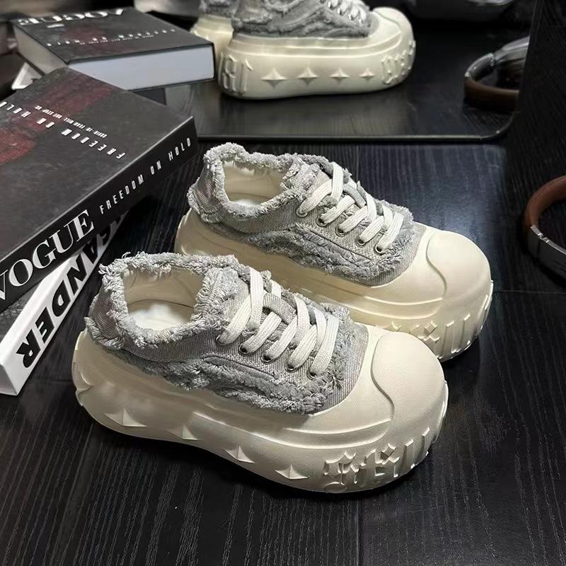European denim big head muffin platform bread shoes women's canvas shoes lace-up versatile small height-increasing casual shoes