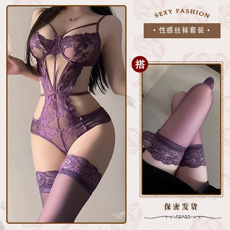 Hollow and thin sexy underwear sexy onesie temptation strap perspective lace free purple n