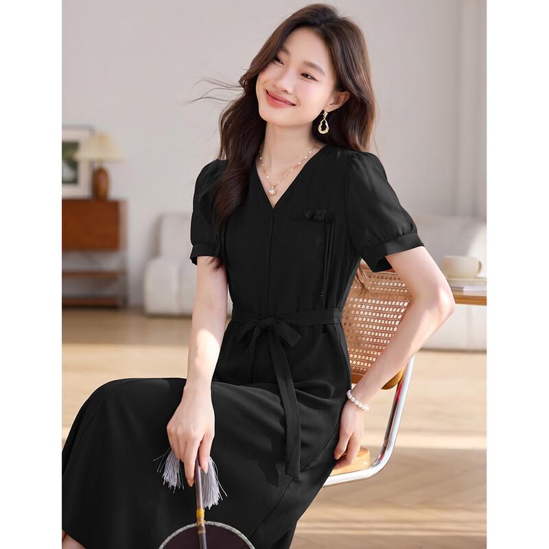 Sanpowa V-Neck Chiffon A-Line Midi Dress M