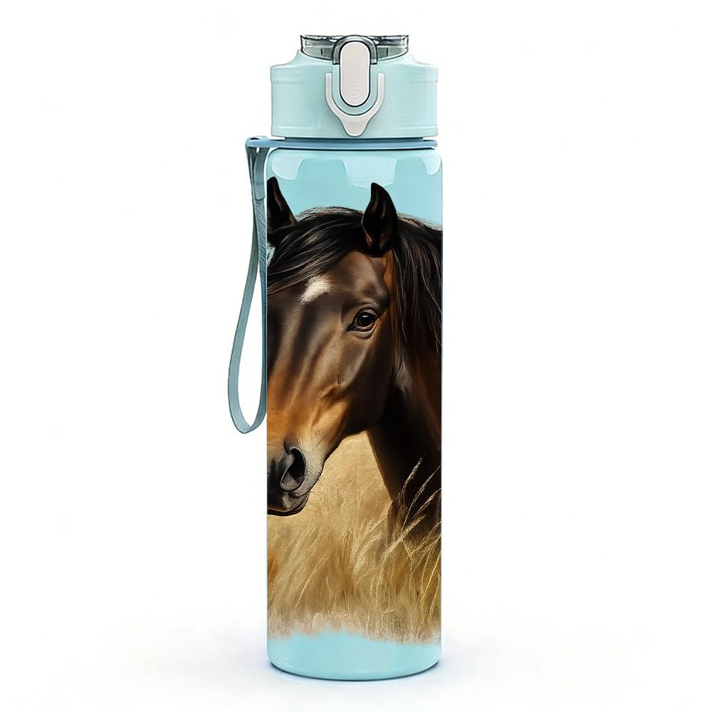 1 Stück Braunes Pferd Bauernhoftier-Druck 750ml Farbe Kunststoff Sport-Wasserflasche Auslaufsicher Klappdeckel mit Strohhalm Geeignet für Sport Büro Hausgebrauch