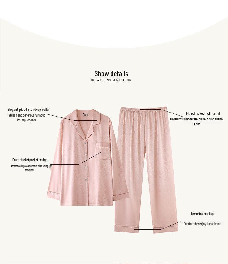 Women's Ice Silk Pajama Set: Spring & Autumn Long Sleeve, Light Luxury Style, Suitable for Indoor & Outdoor Wear.