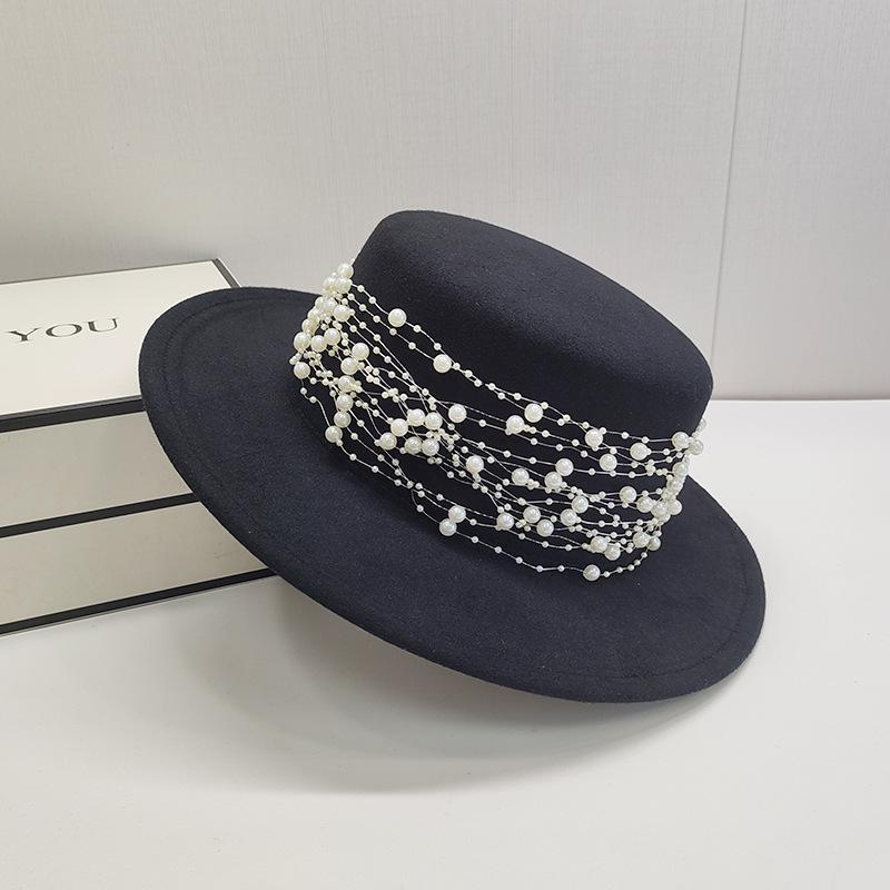 Original Design White Elegant Wedding Hat French Elegant Retro Hepburn Autumn Winter Celebrity Pearl Wool Lace Flat Top Hat