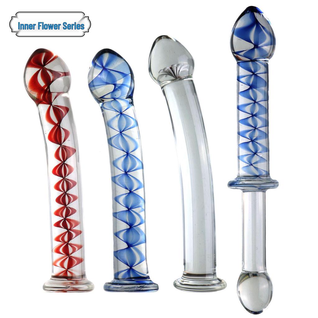 Blue-Red Inner Carved Flower Ribbed Glass Dildo with Handle for Female Use