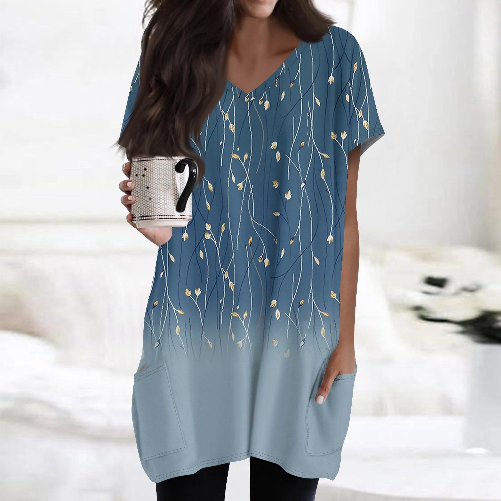 

Женские топы с V-образным вырезом, блузки с коротким рукавом, повседневные рубашки средней длины, модные туники с принтом и карманами XXL синий