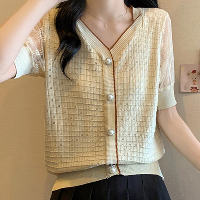 

Женские свитера, пуловеры, 2025, лето, короткий рукав, V-образный вырез, черный вязаный свитер с вставками, женские топы, пуловер JJ211 One Size абрикосовый