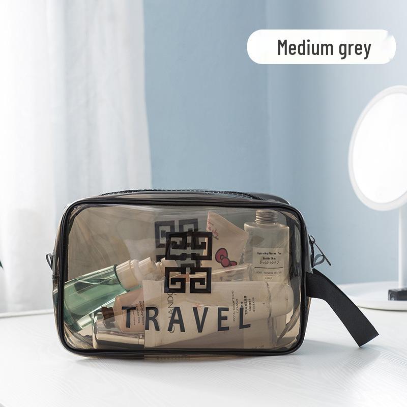 Transparent PVC Toiletry Bag with Wet and Dry Sections - Tea Color Makeup Storage