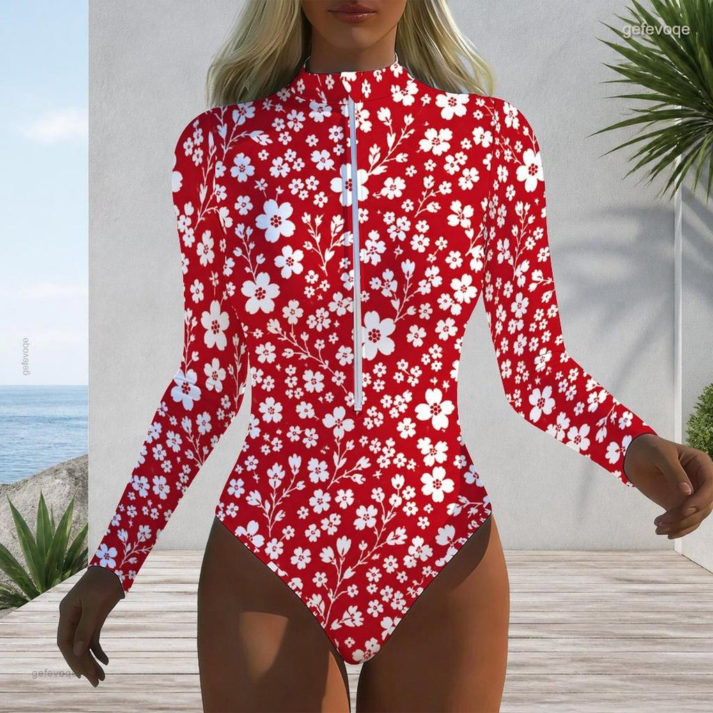 Women Plus Size High Neck Long Sleeve Front Zipper Floral Print One Piece Swimsuit