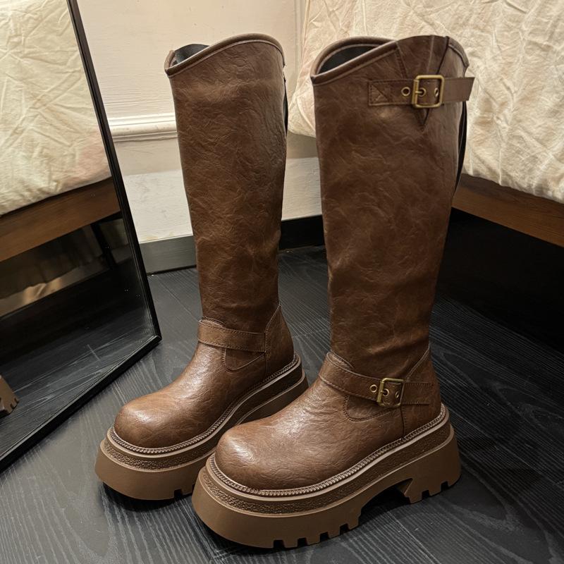 

7Cm thick-soled long knight boots women s velvet 2025 winter new small height-increasing retro but knee-high boots 39 коричневый