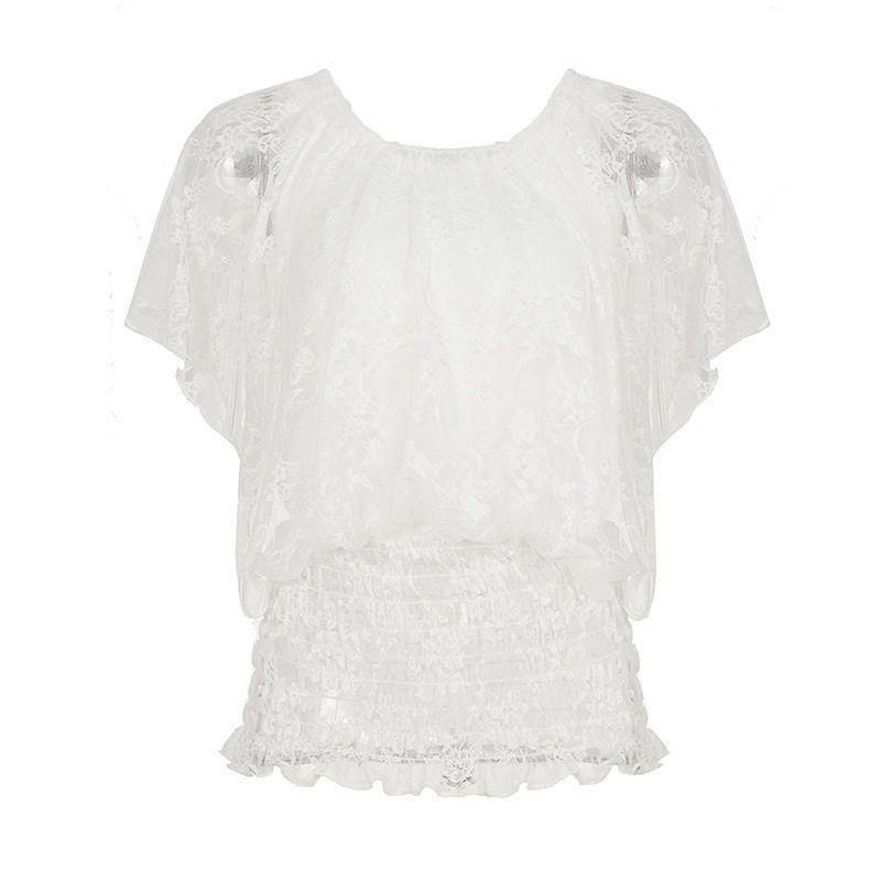 

Sweet Lace Patchwork Round Neck Cinched Waist T-Shirt for Women, Solid Color Slightly Sheer Waist-Cinching Ruffled Trim Slim-Fit Top White S