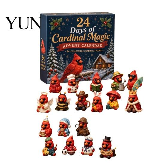 Holiday Countdown Gift Red Bird Christmas Advent Calendar, 24 Unique Miniature Collectible Doll Ornaments Figurines, Tree Hanging for Gifts