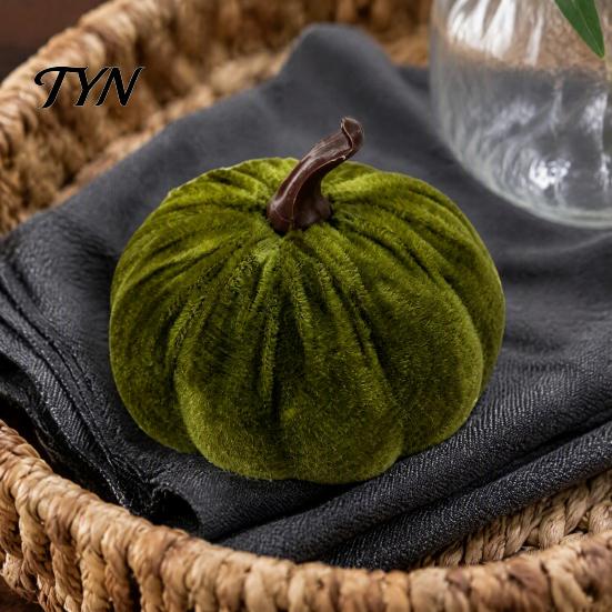 Velvet Stuffed Pumpkin Small Artificial Decoration, Fall Thanksgiving Soft Seasonal Floral Scene Accents Ornament, Autumn Harvest Tabletop Centerpiece