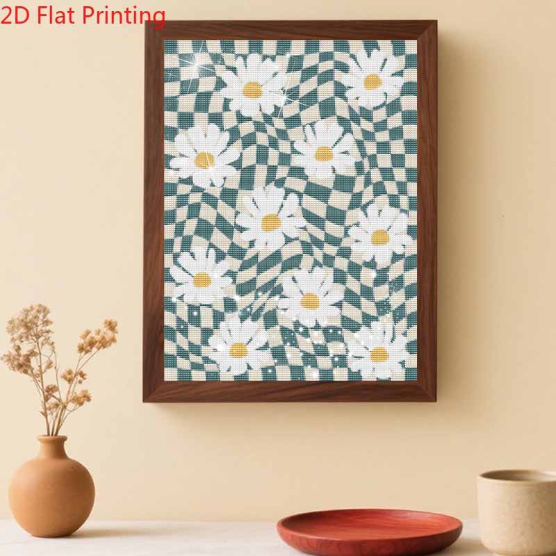 DIY 5D Diamond Art Kit Wavy Checkerboard Daisy Flower Pattern Sparkling Rhinestone Canvas for Bedroom Living Room Decor