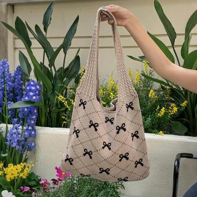 Women Knitting Shoulder Bag Large Capacity Crochet Grocery Bag Contrast Color Travel Shopping Handbag Ladies Daily Handbag