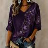 Women's 3D Print V-Neck Loose Fit Three-Quarter Sleeve T-Shirt