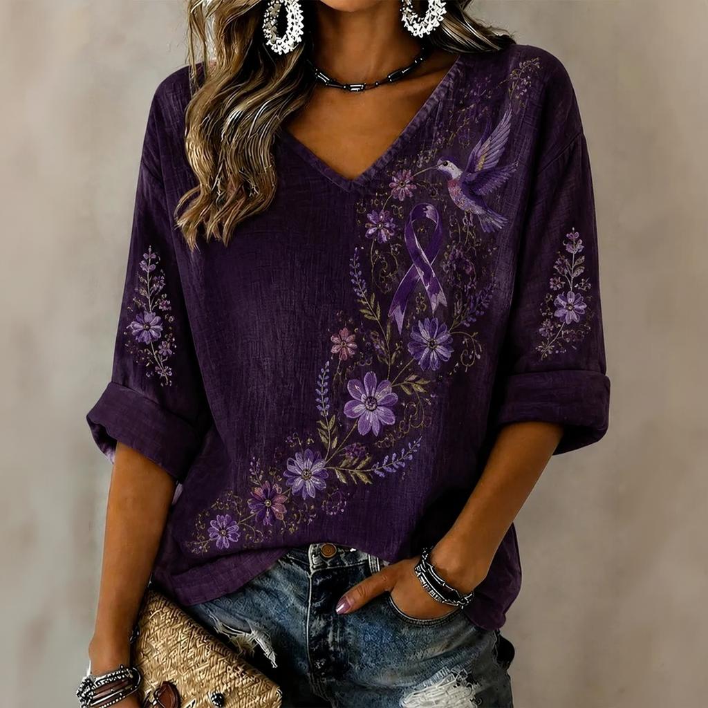 Women's 3D Print V-Neck Loose Fit Three-Quarter Sleeve T-Shirt