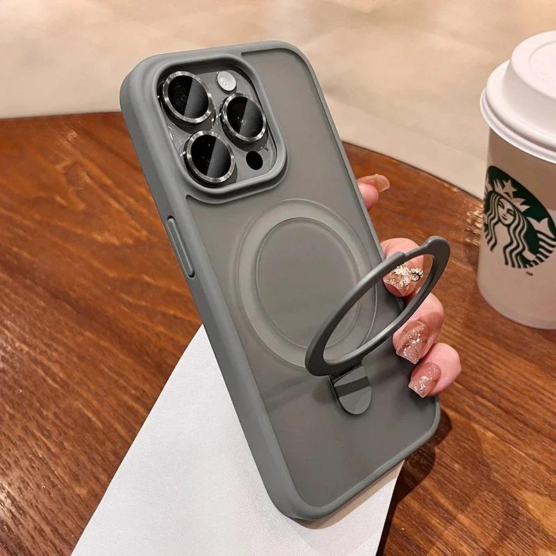 Mat Halka Tutucu Cam Lens Telefon Kılıfı iPhone 15 14 13 12 11 Pro Max Plus Magsafe Kablosuz Manyetik Sert Tampon Kapak