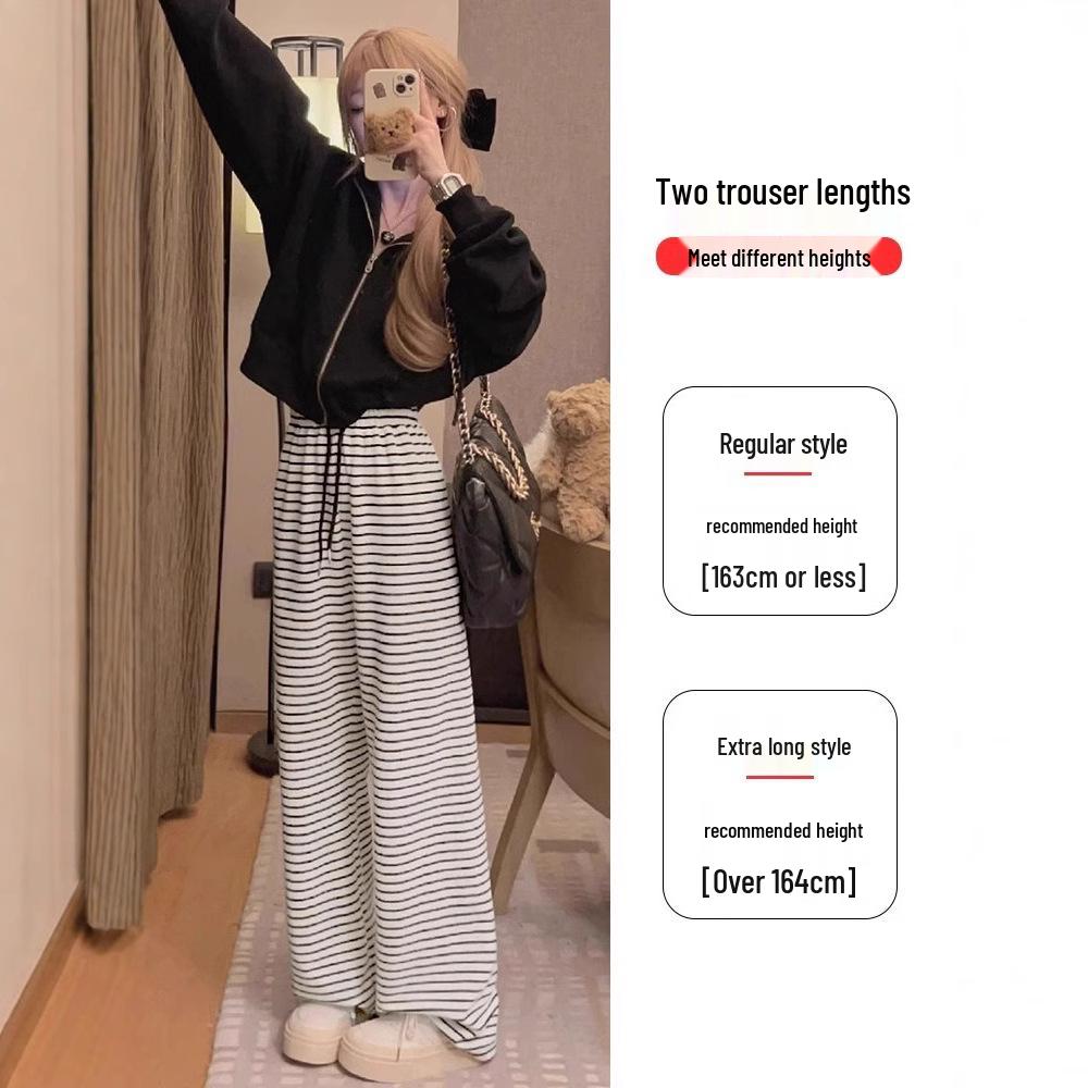 

Petite Loose Fit High Waist Fleece Stripe Wide Leg Pants for Women - Autumn/Winter Casual Wear Off-white Regular Spring/Autumn
