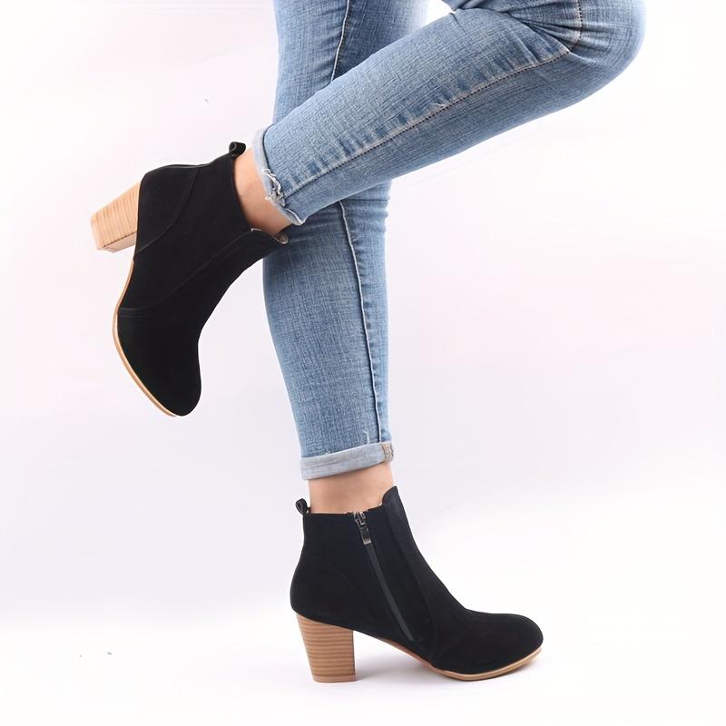 Women's Round Toe Side Zipper High Block Heel Ankle Boots - Beige Cover-Like Fabric Upper, Dressy Ankle Boots | Stylish Ankle Boots