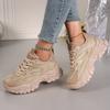 Women's Thick Bottom Dad Sports Shoes - White and Beige Lace Up Casual Shoes, Thick Rubber Sole, Comfortable All Season