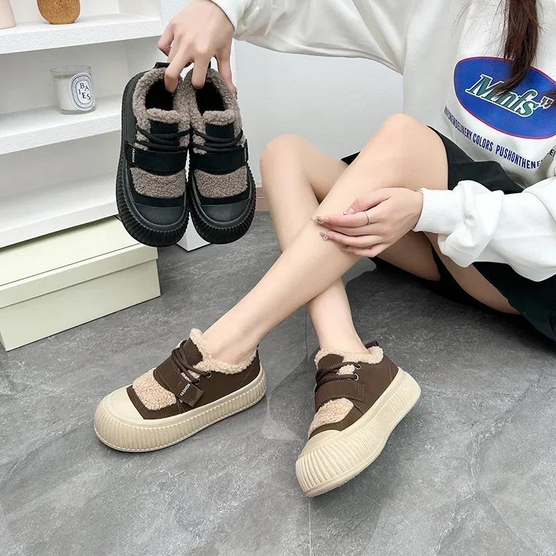 Fashion New Winter Warm Cotton Shoes for Women with Plush Lace Up Casual Sports Shoes, Fashionable Thick Soled Lightweight Cotton Shoes