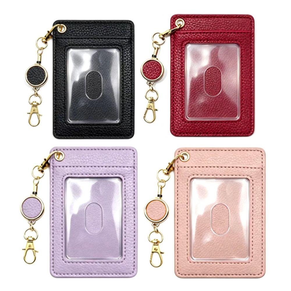 Retractable Work Badge Reel PU Leather Student Card Sleeve Compact ID Card Holder Work Use