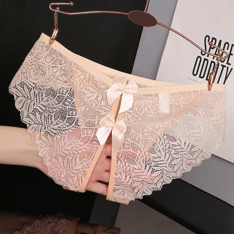 M L XL Plus Size Lace Panties Women Sexy Open Crotch Thongs Temptation Transparent Nightwear Underwear Breathable Lingerie