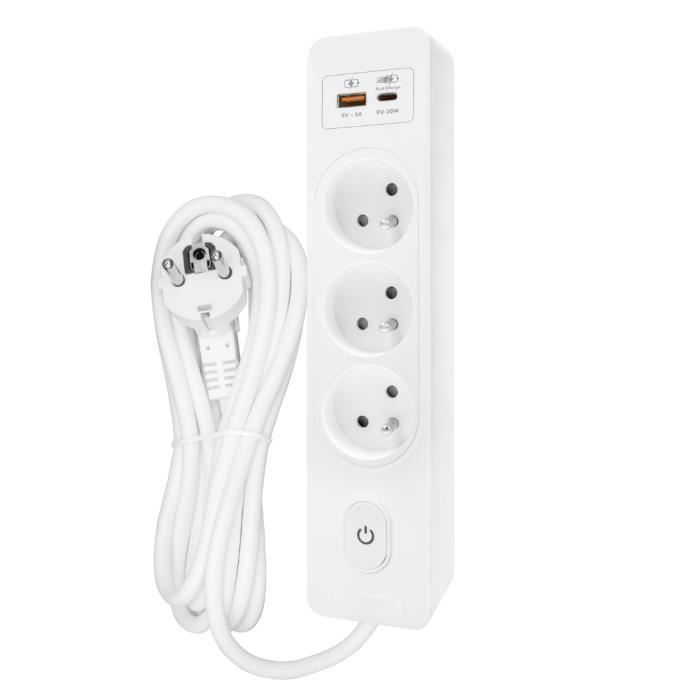 Multiprise SELDUR G3FH22B, 3 prises type E+ interrupteur, USB A+C charge rapide 20W, Blanc, câble 2m