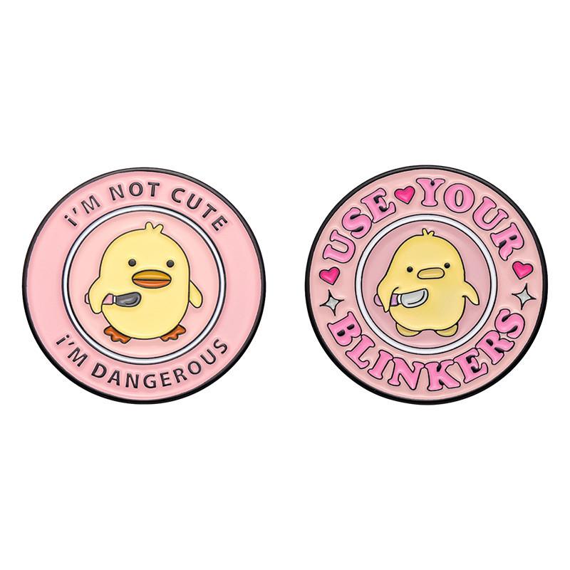 Charming Round Yellow Duck Cartoon Brooch With Artistic Pink Lettering For Occasion Every