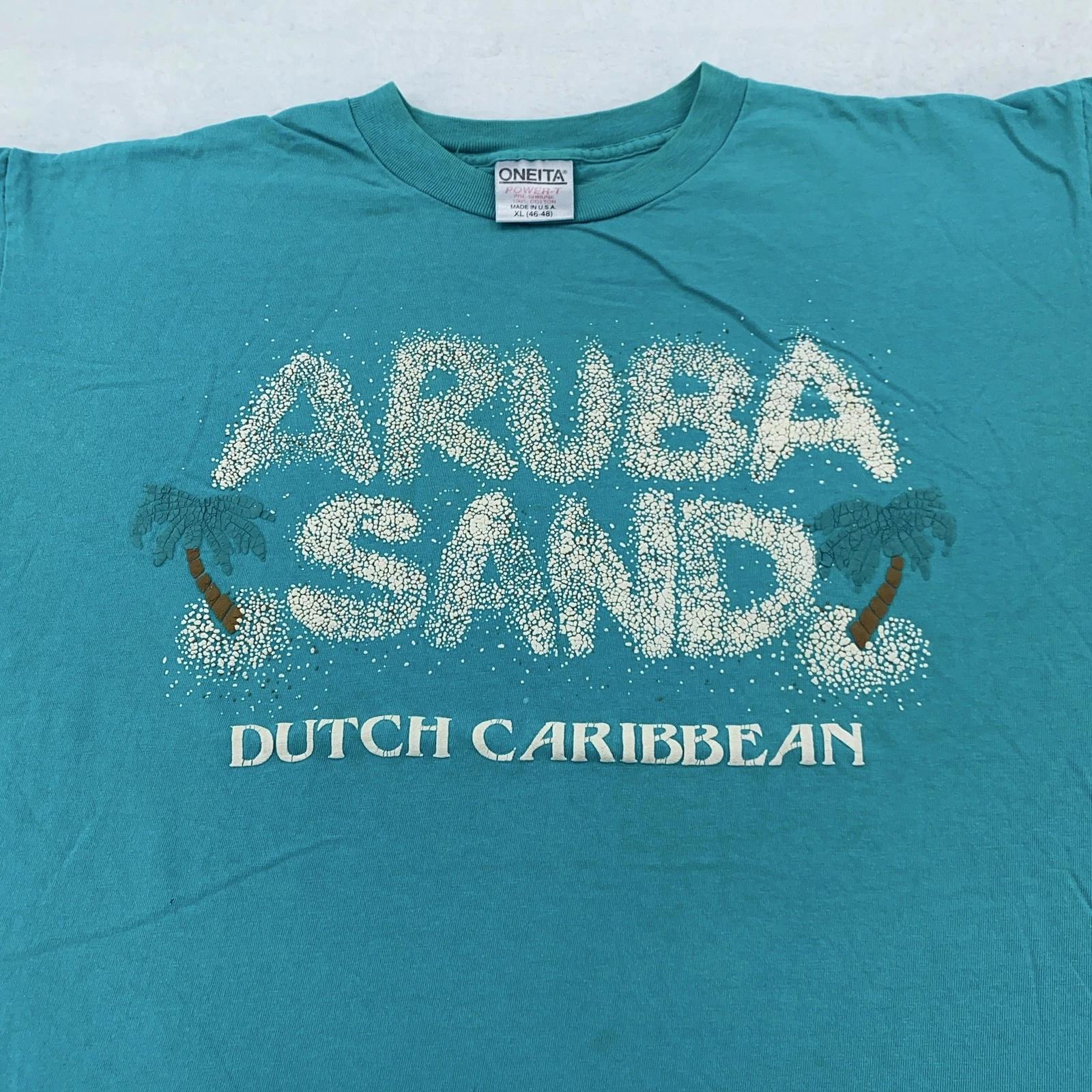 Vintage Aruba Sand Shirt Mens XL Teal Dutch Caribbean Tourist Graphic Oneita 90s 4XL
