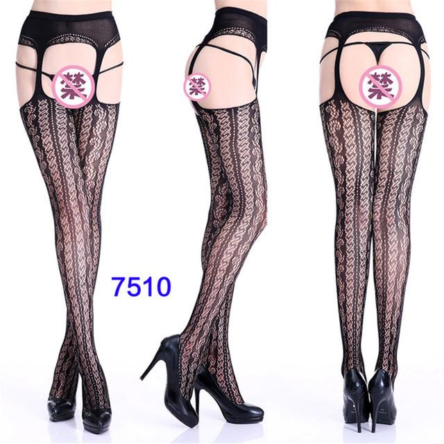 Sexy Lingerie Women's Fishnet Stockings With Garter Belt Summer Thin Lace Patterned Mesh Tights Female Black Suspender Pantyhose