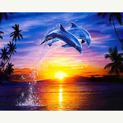 Korsstygnskit DIY Diamantbroderi Solnedgång Delfin Diamantmålning Mosaik Heminredning
