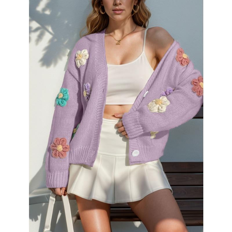 Fall Women's Plus Size Floral Pattern Button Knit Cardigan Cute Loose Long Sleeve Sweater