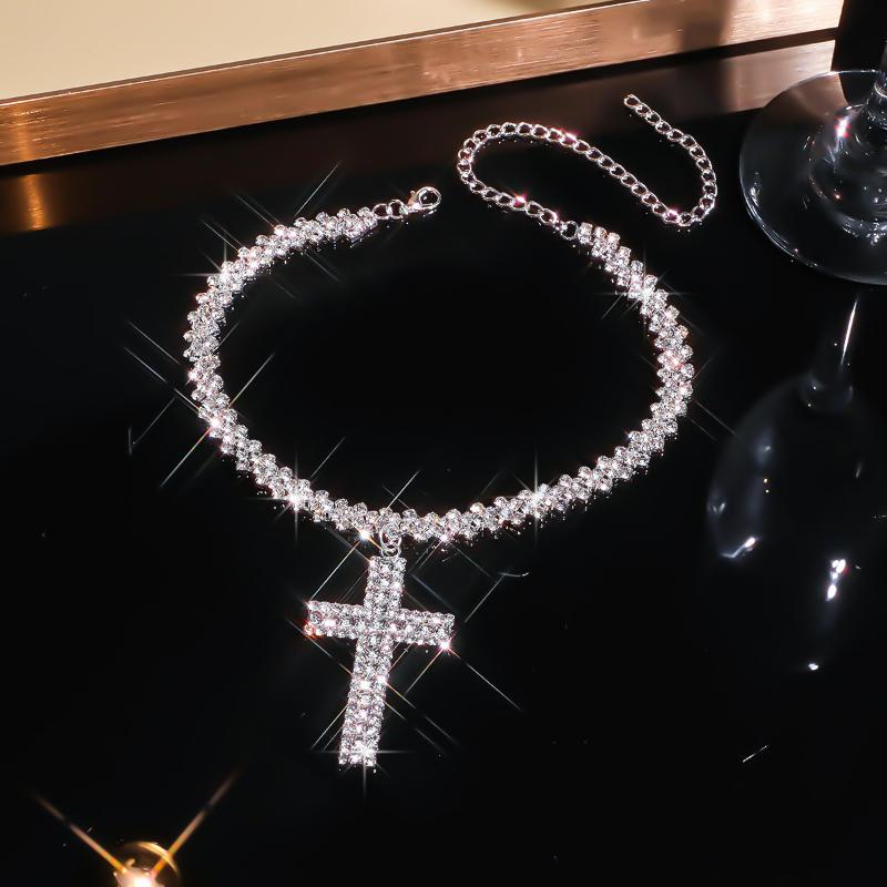 Elegant Luxury Inlaid Synthetic Zirconia Hip Hop Cross Necklace For Women Girls Sparkling Pendant Party Jewelry Birthday Gift