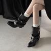 First Encounter Season Retro Solid Color Pleated Leather Buckle Belt Western Boots Women's Pointed Thick Heel Versatile Stacked Pants Boots