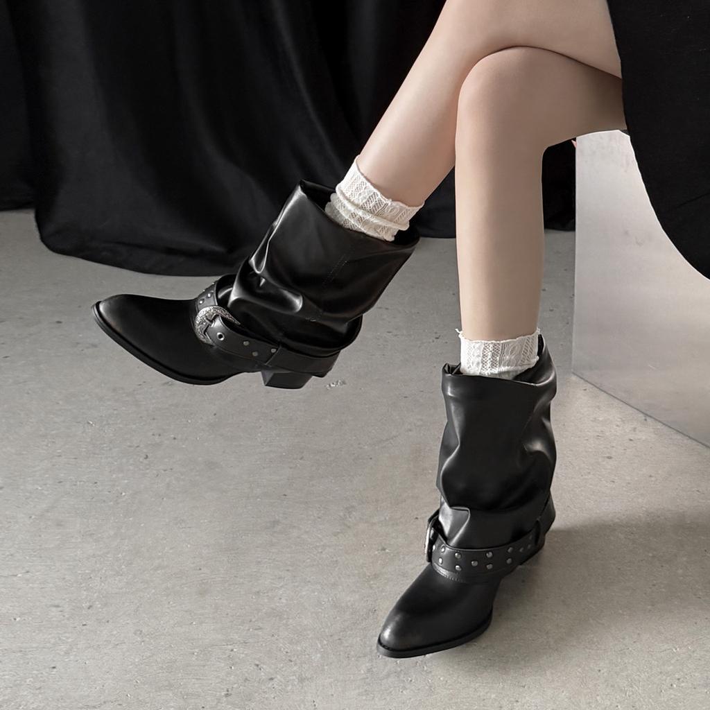 First Encounter Season Retro Solid Color Pleated Leather Buckle Belt Western Boots Women's Pointed Thick Heel Versatile Stacked Pants Boots