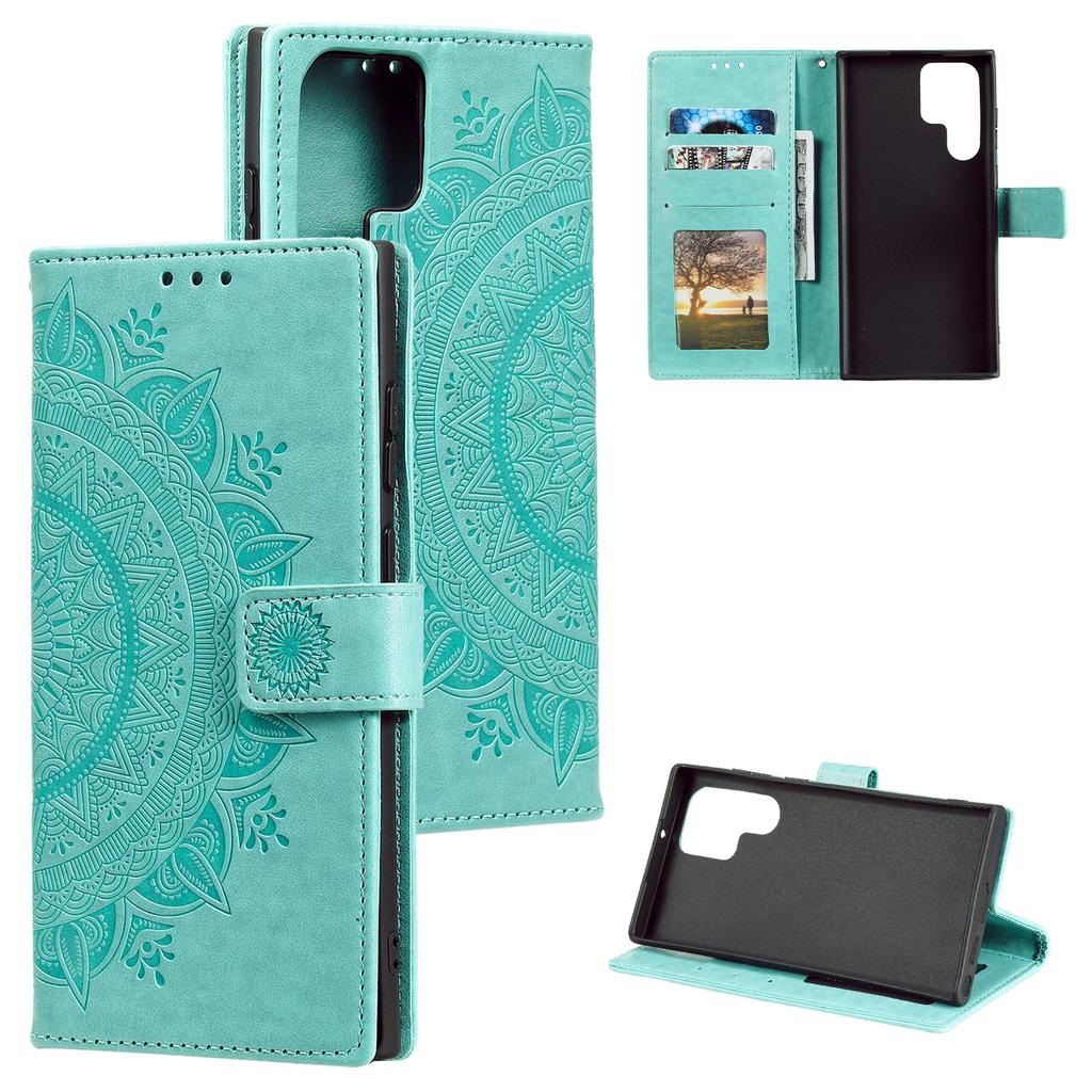 For Samsung Galaxy S24 Ultra Case PU Leather Mandala Flower Stand Cover with Strap