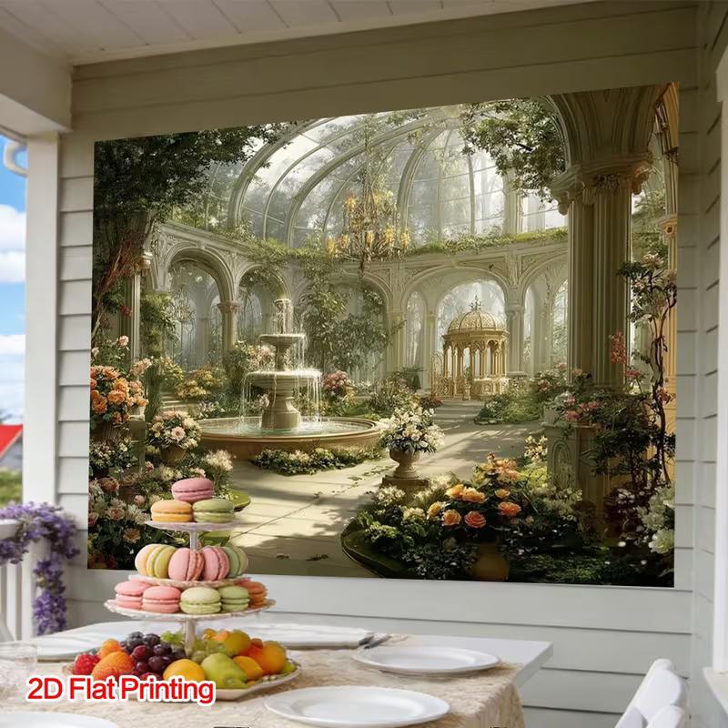 2D Greenhouse Fountain Backdrop Elegant Garden Photo Studio Background